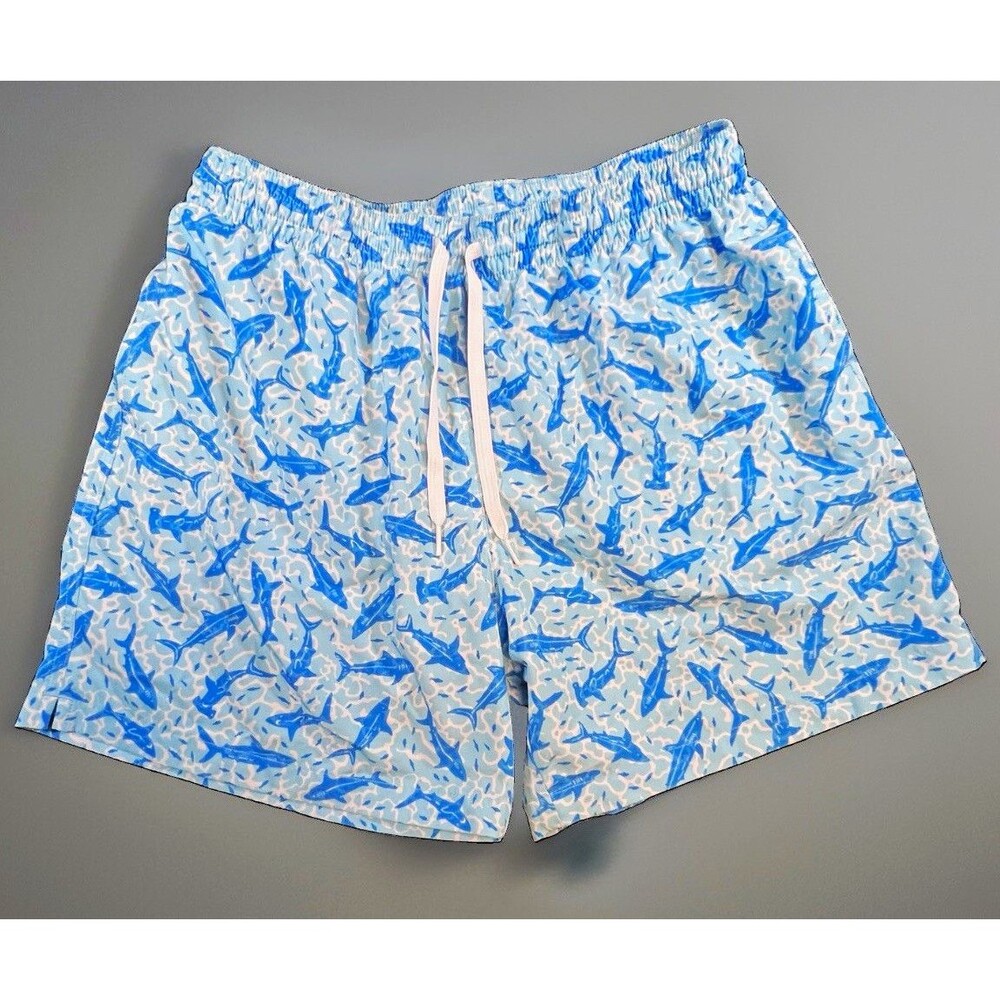 Chubbies Men’s Shark Print Swim Shorts, XL Regular, Blue/White Mesh Lined